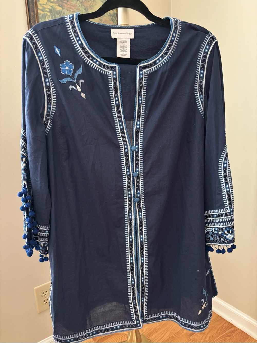 Soft Surroundings Embroidered Tunic with Pom Pom Sleeves Size L